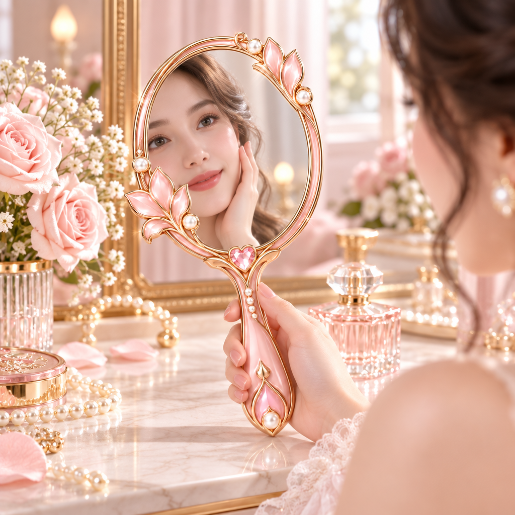 Meralvion™ Rose-Gold Floral Handheld Vanity Mirror