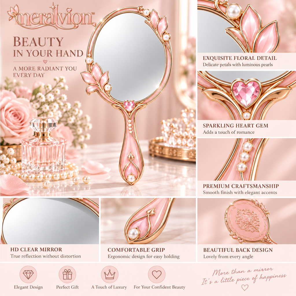 Meralvion™ Rose-Gold Floral Handheld Vanity Mirror