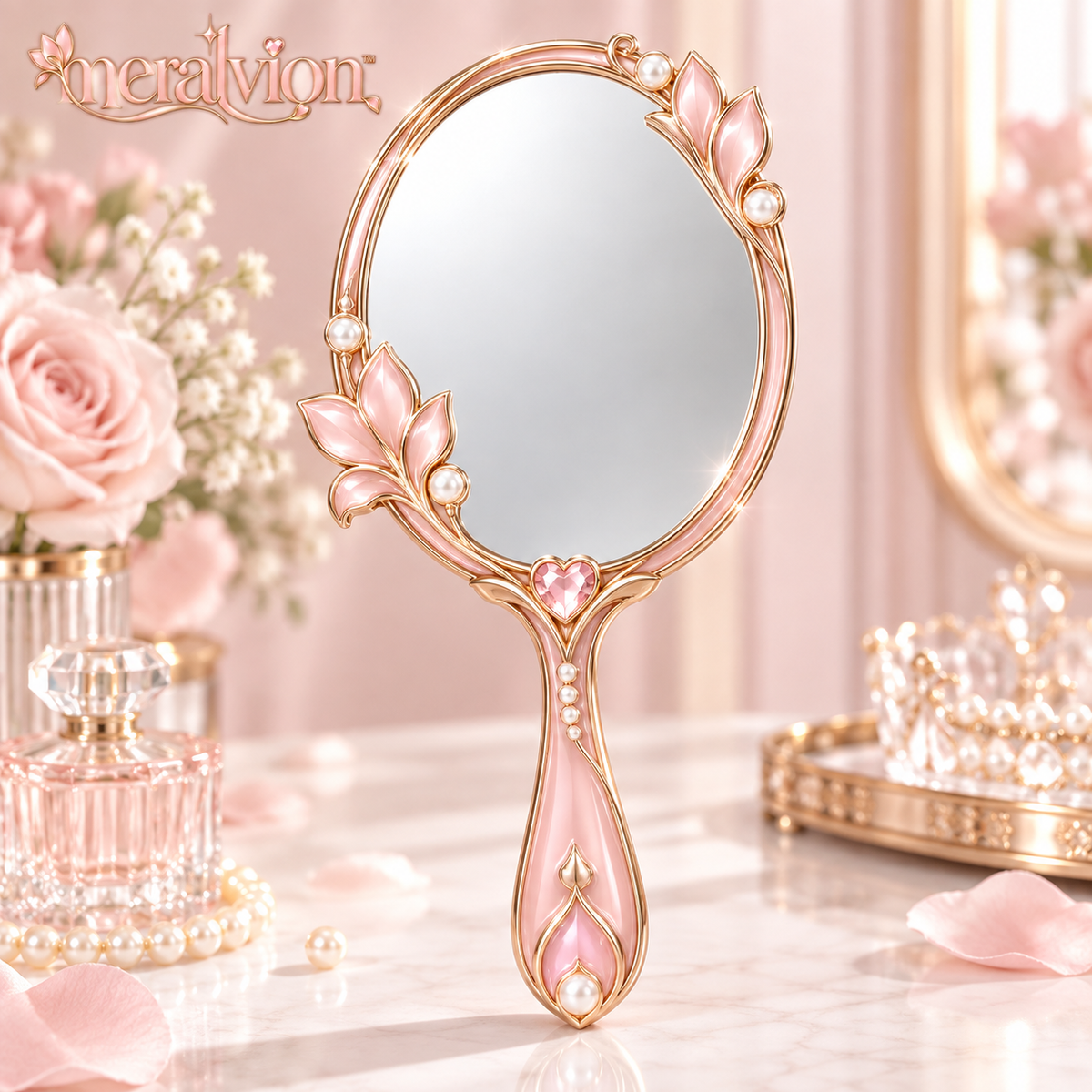 Meralvion™ Rose-Gold Floral Handheld Vanity Mirror