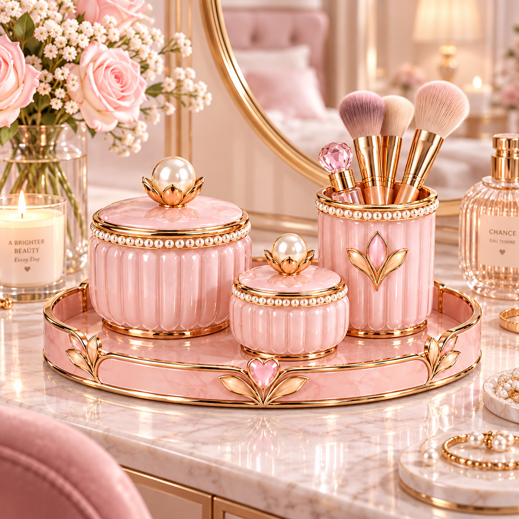 Meralvion™ Blush Vanity Jar & Brush Holder Set