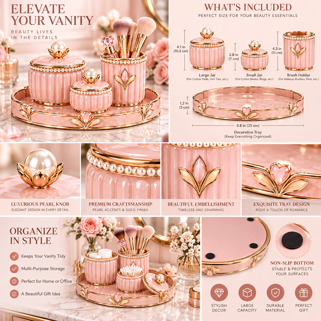 Meralvion™ Blush Vanity Jar & Brush Holder Set