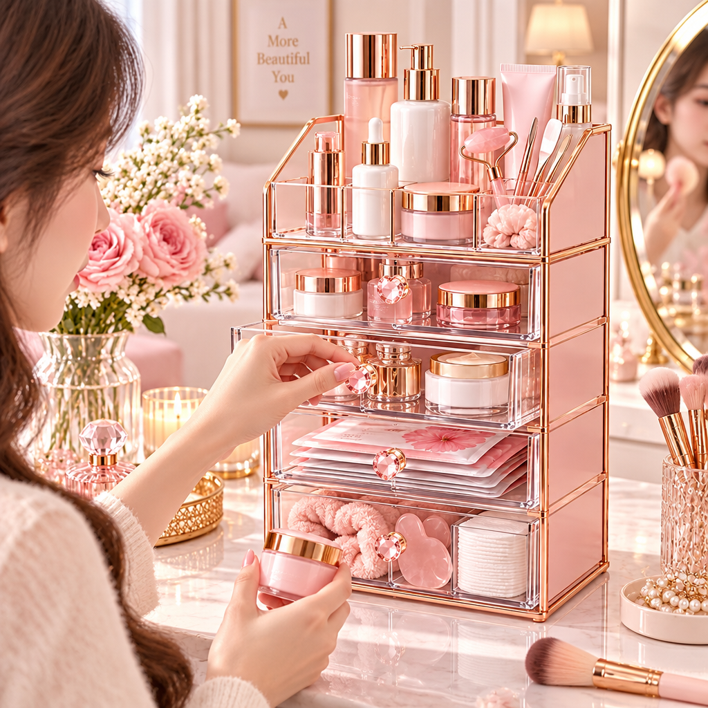 Meralvion™ Rose-Gold Skincare Organizer Tower