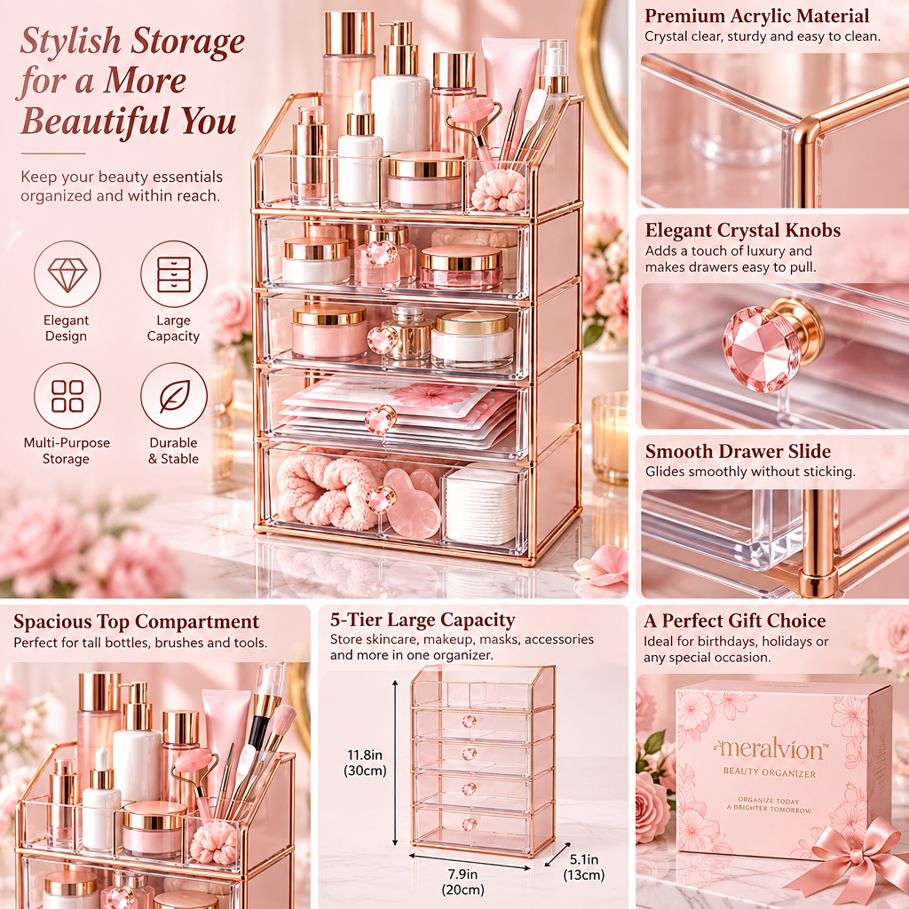 Meralvion™ Rose-Gold Skincare Organizer Tower