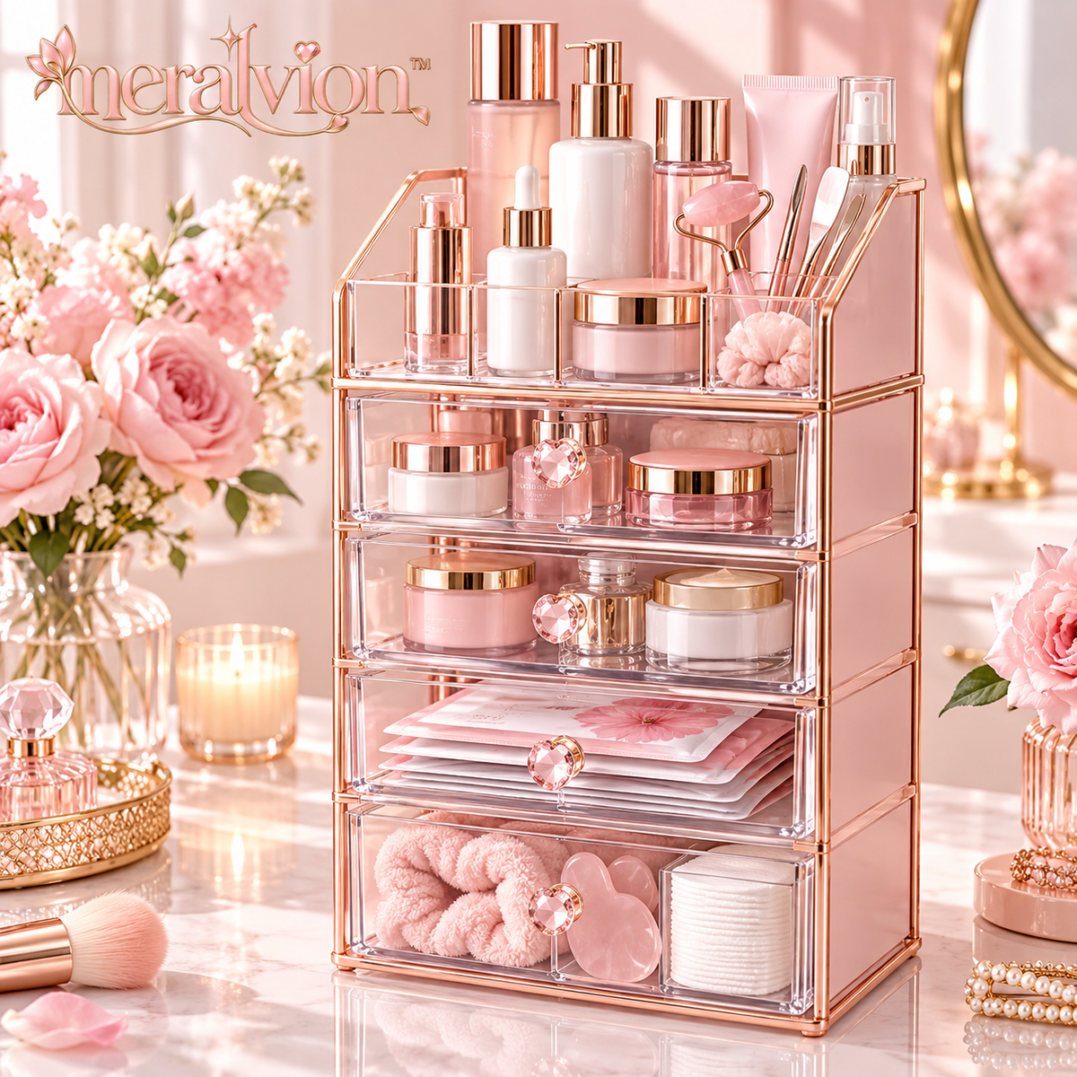 Meralvion™ Rose-Gold Skincare Organizer Tower