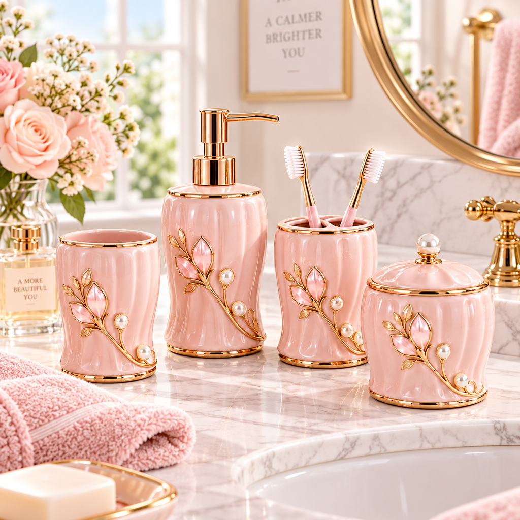 Meralvion™ Blush Ceramic Bathroom Counter Set