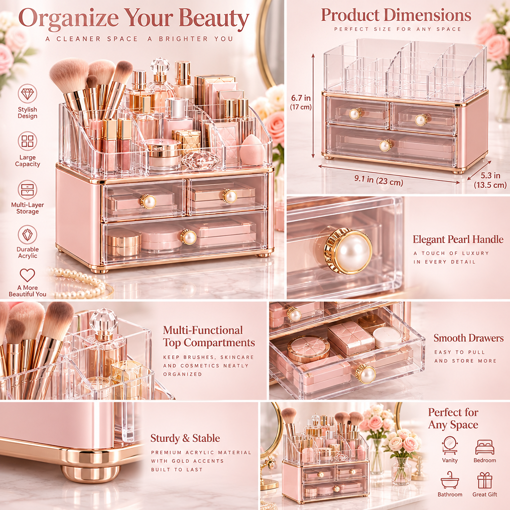 Meralvion™ Luxe Blush Makeup Organizer with Drawers