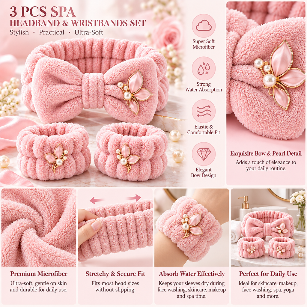Meralvion™ Plush Bow Spa Headband & Wristband Set