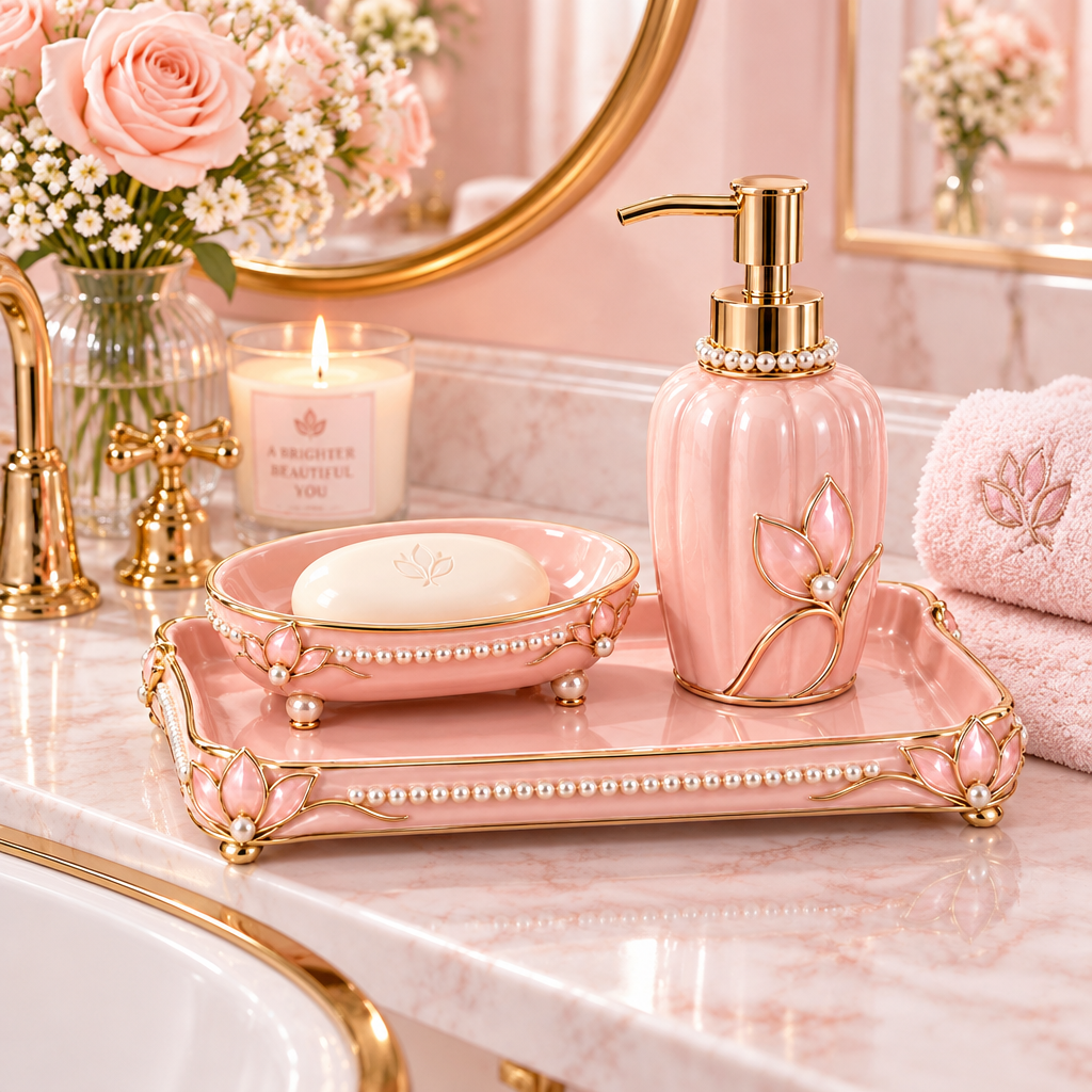 Meralvion™ Blush Pearl Soap Dish & Dispenser Tray Set