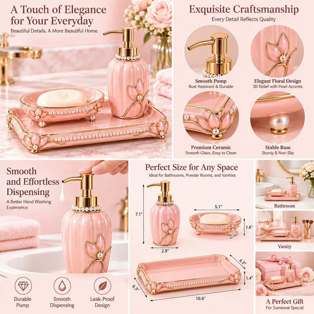 Meralvion™ Blush Pearl Soap Dish & Dispenser Tray Set