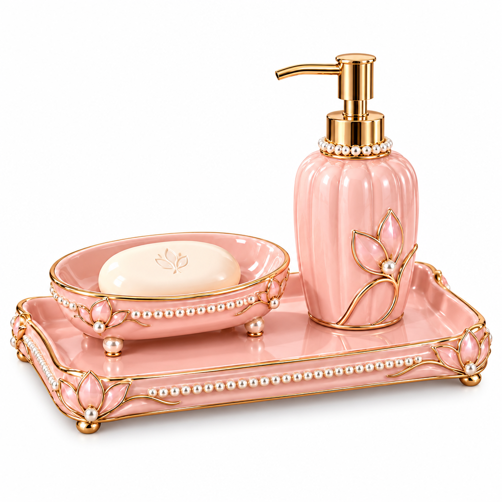 Meralvion™ Blush Pearl Soap Dish & Dispenser Tray Set