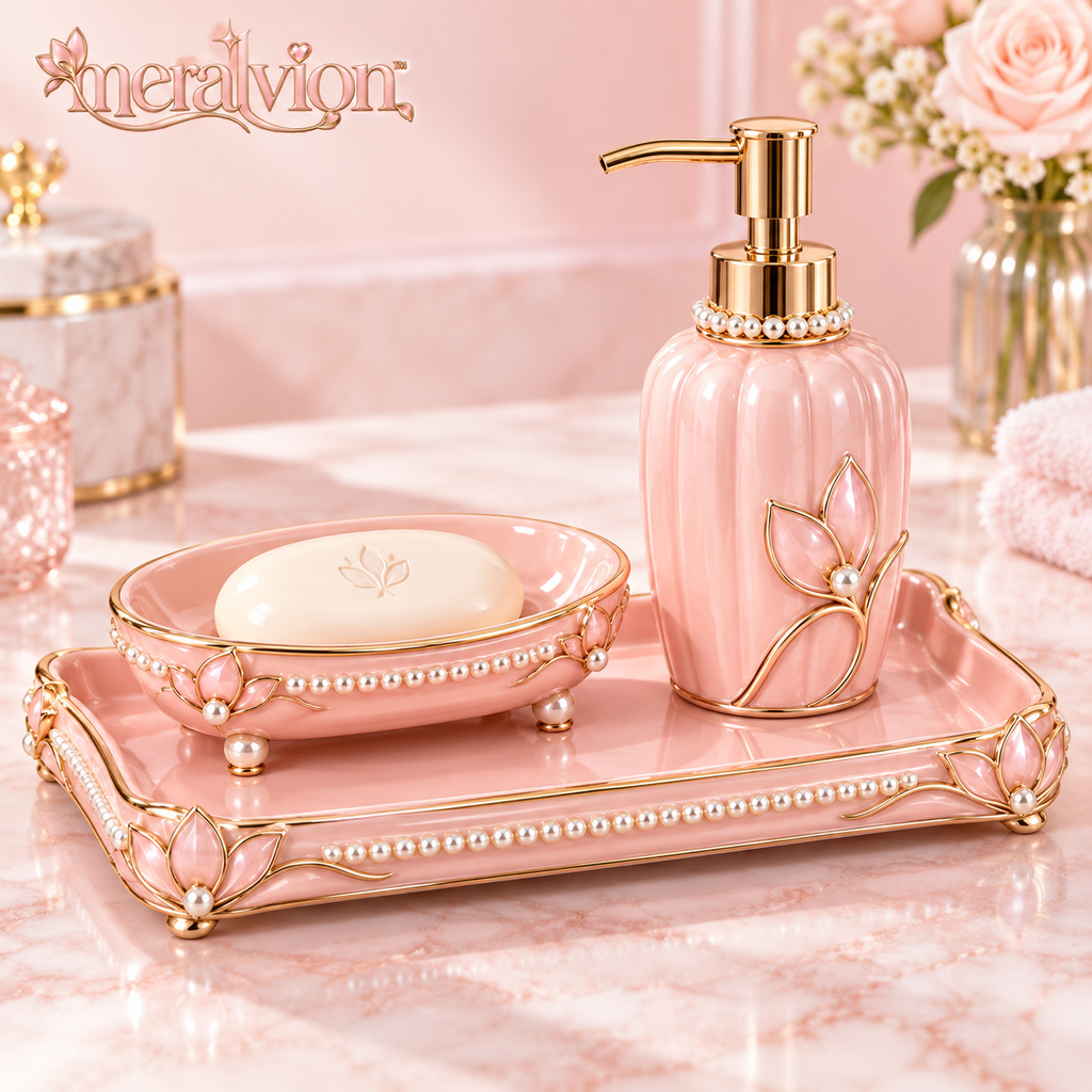 Meralvion™ Blush Pearl Soap Dish & Dispenser Tray Set