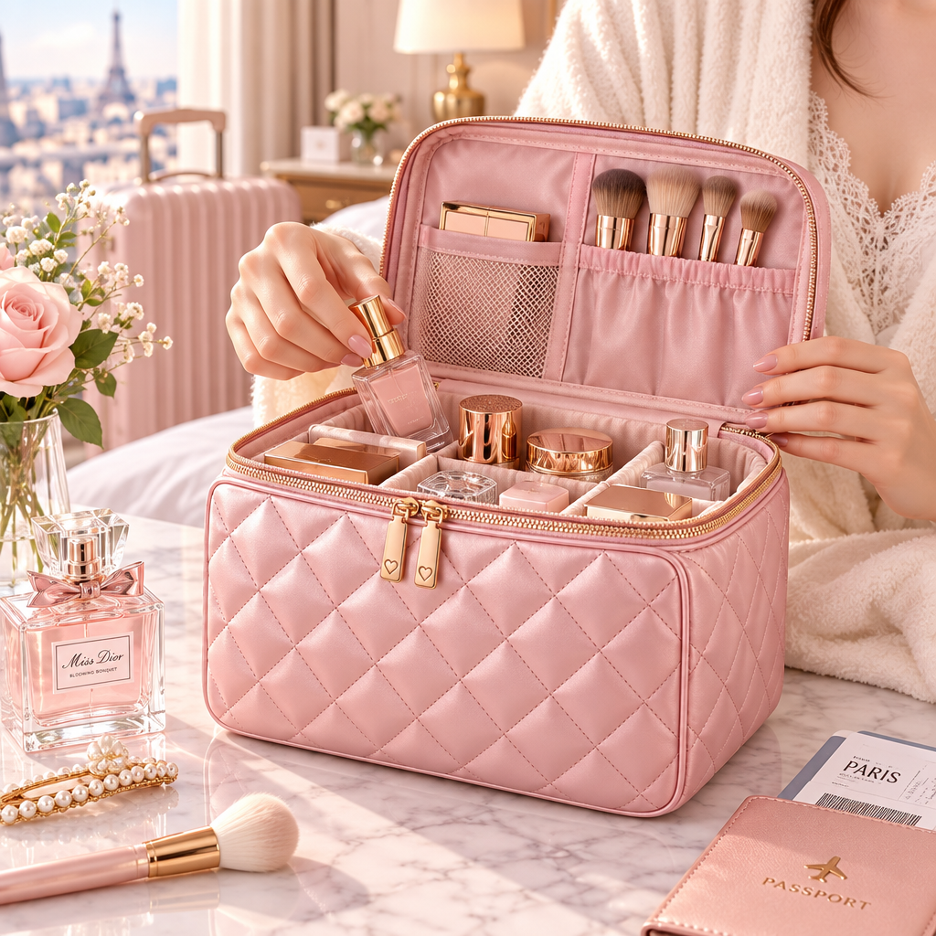 Meralvion™ Quilted Blush Travel Makeup Case