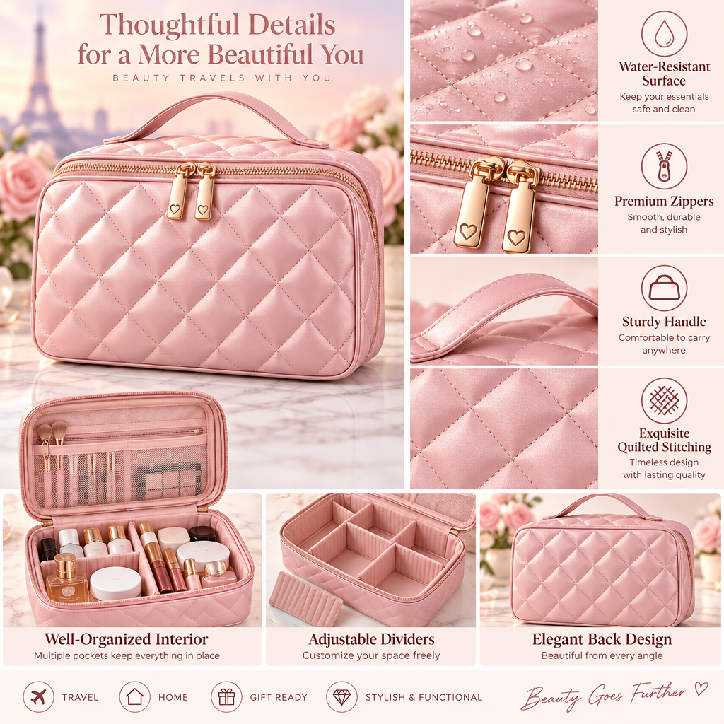 Meralvion™ Quilted Blush Travel Makeup Case