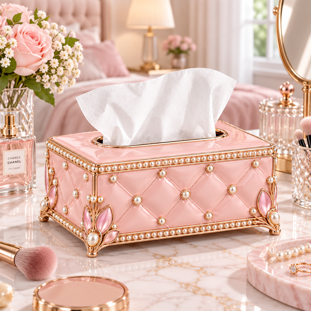 Meralvion™ Pearl-Embellished Blush Tissue Box Cover
