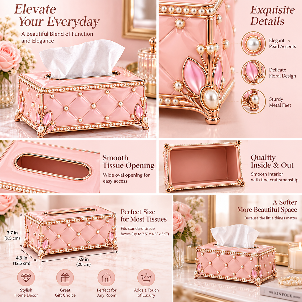 Meralvion™ Pearl-Embellished Blush Tissue Box Cover