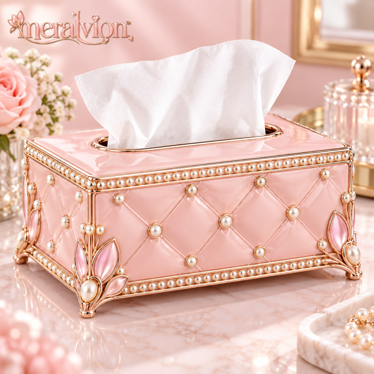 Meralvion™ Pearl-Embellished Blush Tissue Box Cover